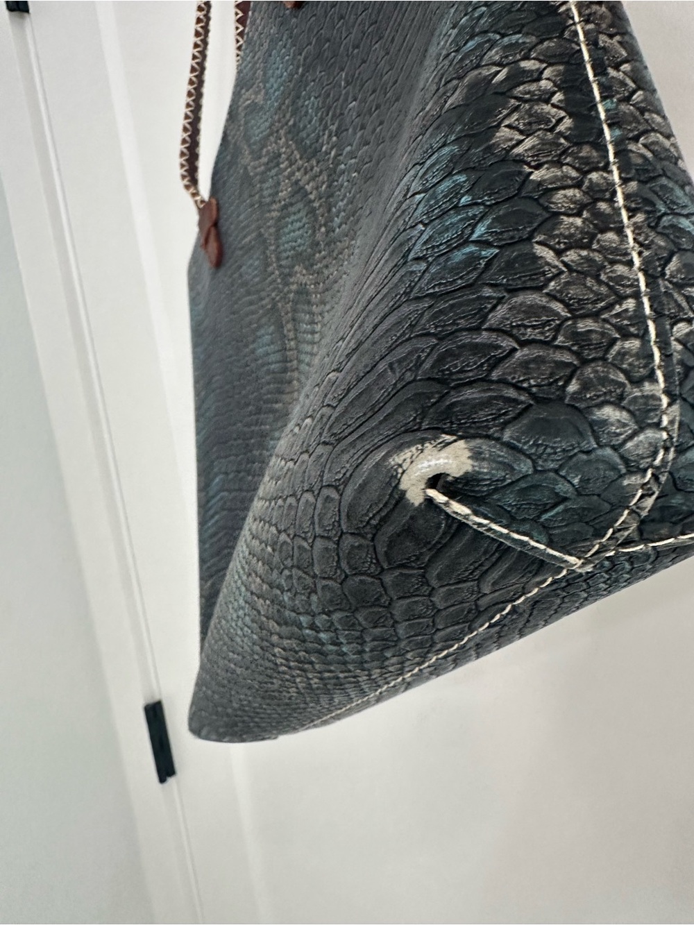 Consuela Teal Snake-Print Tote with Brown Handles - Picture 3 of 9